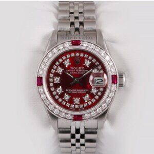 ROLEX LADIES DATEJUST 26mm STAINLESS STEEL CUSTOM METALLIC RED DIAL w DIAMONDS